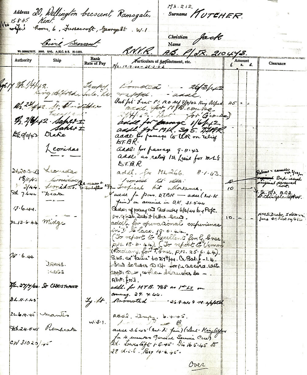 Jack Kutcher Royal Navy War Record Page 2 1942 to June 1945